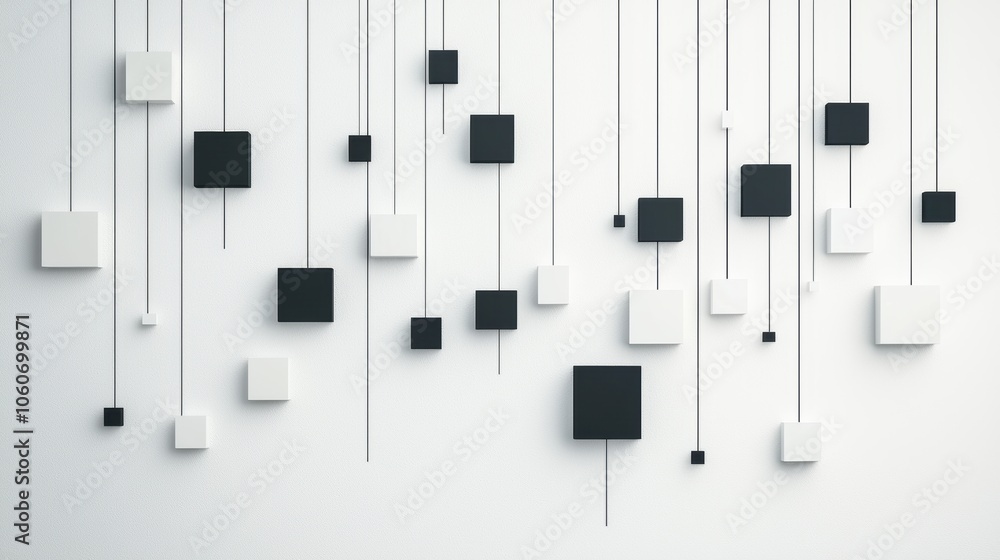 Poster a minimalist composition of thin, black lines forming squares and rectangles on a pristine white bac