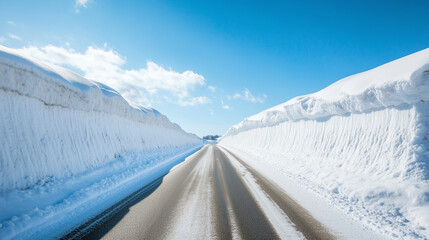 A winter road bordered by towering snowdrifts under a clear blue sky in a tranquil landscape