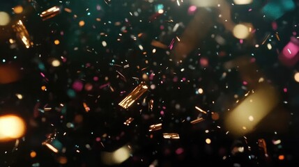 Confetti falls against a black background, with a few golden pieces sparkling in the light.