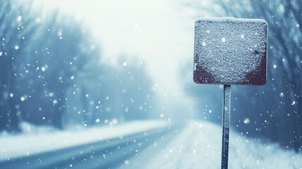 Snow-covered road sign barely visible against a backdrop of swirling snow in a winter storm near a deserted road