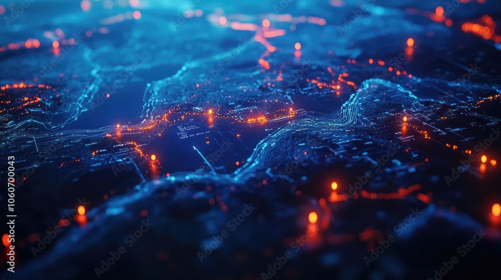 Poster abstract digital landscape with glowing lines and points of light, representing data flow and connec