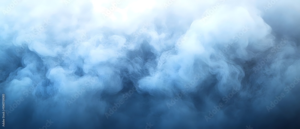 Poster a serene abstract background featuring soft, swirling clouds of mist in various shades of blue, crea