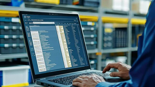 A person is using a laptop in a warehouse setting, displaying a spreadsheet or database, likely for inventory management or logistics.