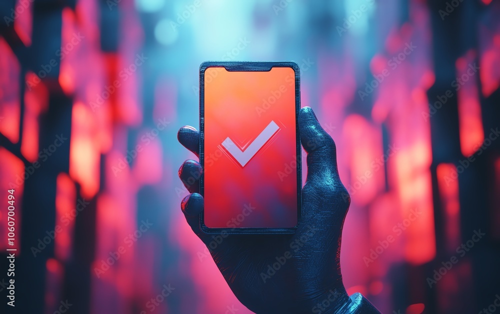 Poster captivating 3d rendering of a hand holding a smartphone with a checkmark symbol, highlighting succes