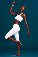 Black woman, confidence and studio for fitness, dancer and ready for dancing sport on dark background. Female person, happy athlete and start for exercise, performance training and pride of workout