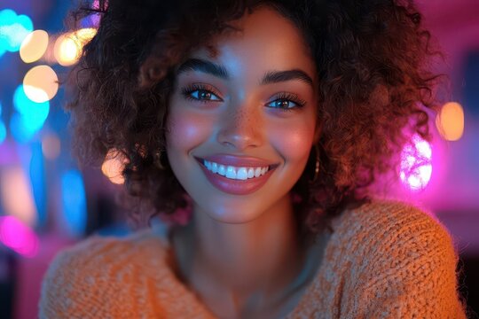 cheerful young woman vlogger engaging with viewers via video call exuding positivity and connection set in a modern tech environment highlighting technology and communication