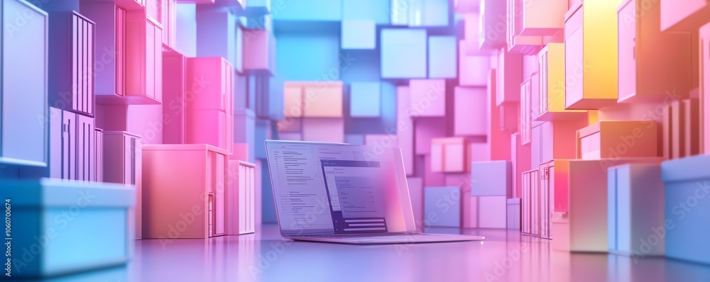 Poster Creative 3D rendering of a digital document management system with mobile and laptop devices collaborating, set against a visually striking and modern background
