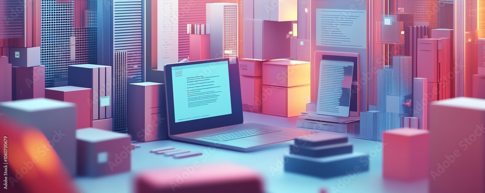 Poster Creative 3D rendering of a digital document management system with mobile and laptop devices collaborating, set against a visually striking and modern background