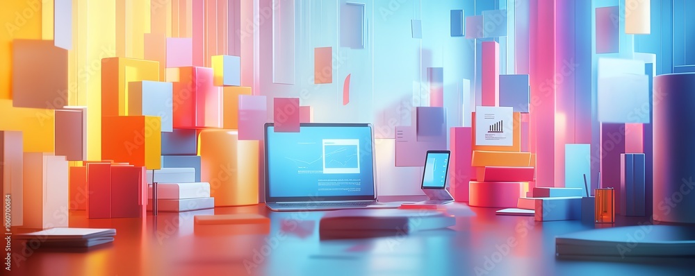 Leinwandbilder Creative 3D rendering of a digital document management system with mobile and laptop devices collaborating, set against a visually striking and modern background