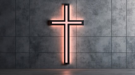 Naklejka premium Illuminated cross on a smooth grey wall, with soft light creating a serene and spiritual atmosphere, ideal for a minimalist, sacred setting