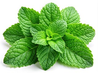 Lush green mint leaves against a white background, ideal for culinary creations, aromatherapy uses, and natural health products in stock photography.