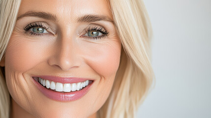 Cheerful woman with radiant smile, close up portrait showcasing bright eyes and healthy skin. Her joyful expression conveys warmth and positivity