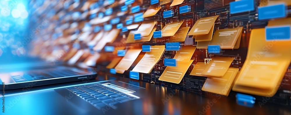 Aufkleber Detailed image illustrating a digital document management system concept, emphasizing mobile and laptop interactions within a unique and engaging background