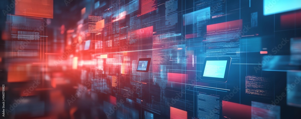 Poster Detailed image illustrating a digital document management system concept, emphasizing mobile and laptop interactions within a unique and engaging background