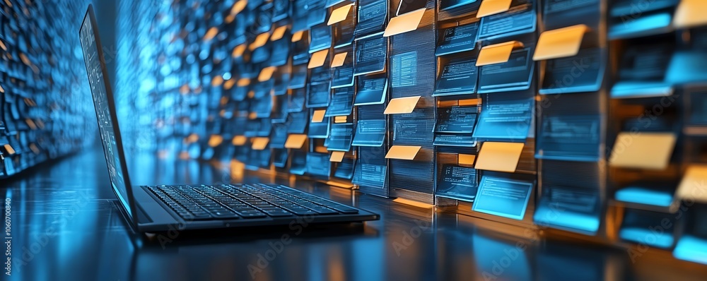 Poster Detailed image illustrating a digital document management system concept, emphasizing mobile and laptop interactions within a unique and engaging background