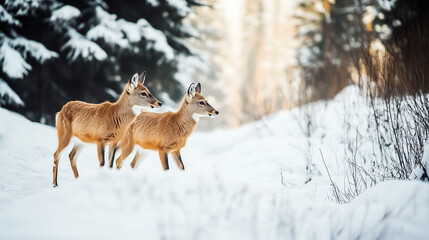 Wildlife cautiously navigating an avalanche-prone area amidst winter conditions in a snowy landscape