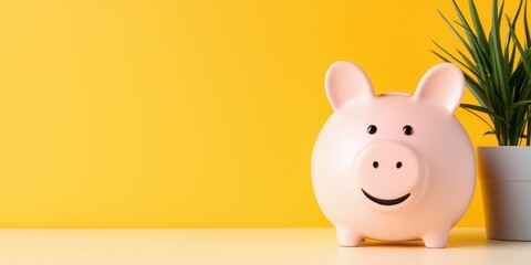 Pink piggy bank on yellow background with plant, symbolizing savings and finance.