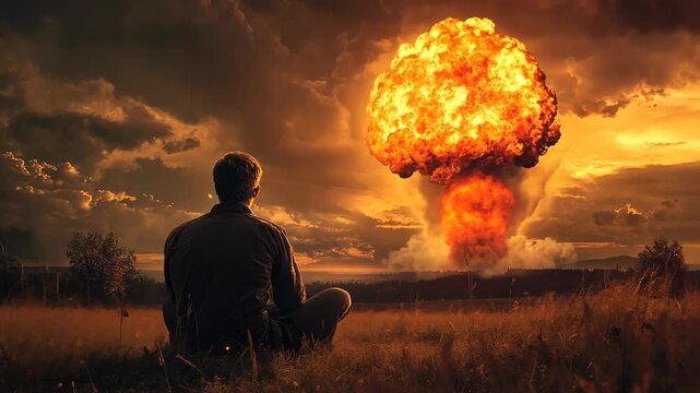 A lone man sits in a field, watching a mushroom cloud rise in the distance, a somber reminder of the destructive power of war