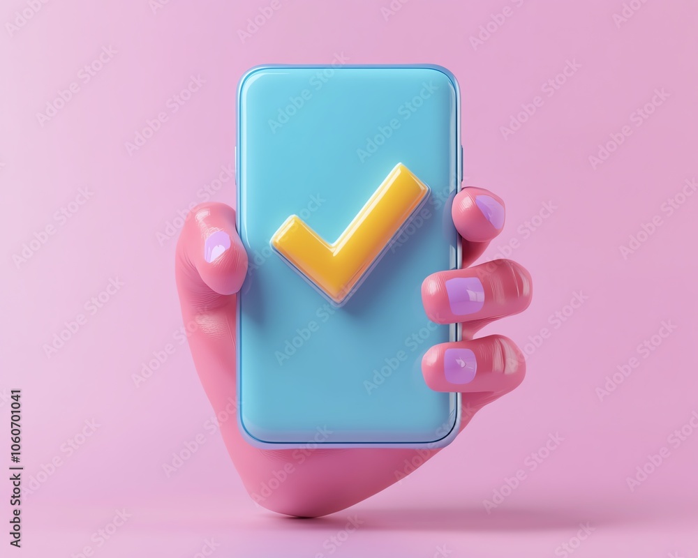 Poster dynamic 3d visualization of a hand gripping a smartphone with a checkmark icon, signifying approval 