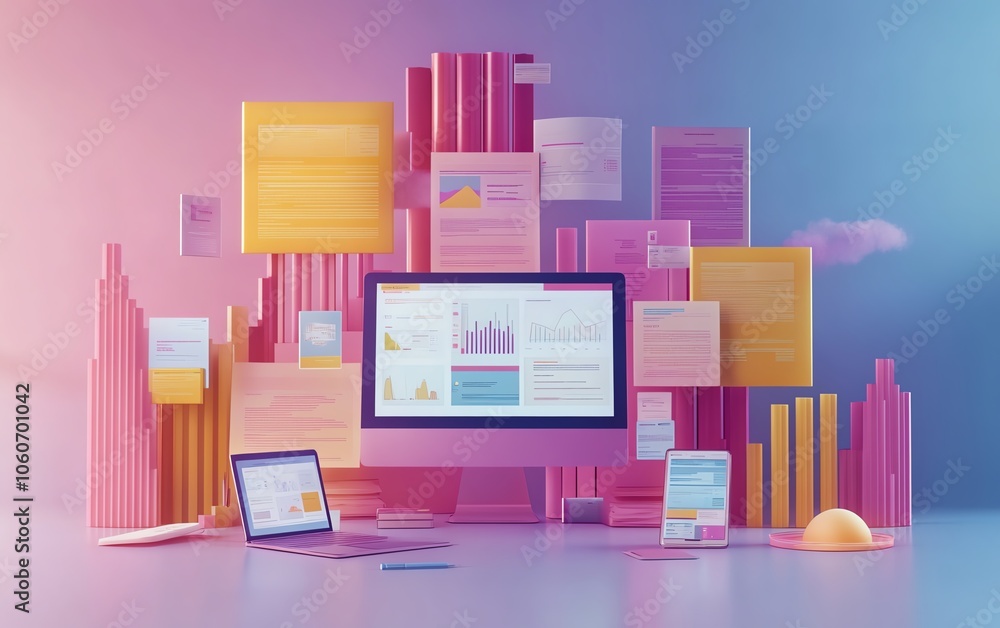 Poster Dynamic 3D visualization of a digital document management system showcasing mobile and laptop interactions, highlighted by an innovative and colorful backdrop