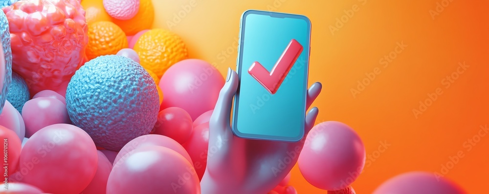 Poster engaging 3d visualization of a hand holding a smartphone with a large checkmark symbol, representing