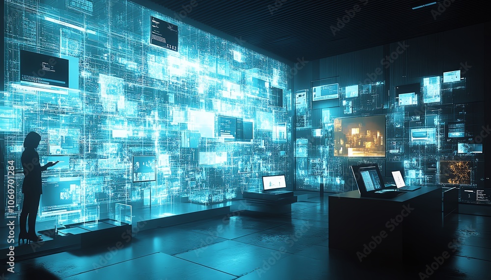 Poster Engaging 3D visualization of a digital document management ecosystem featuring mobile and laptop collaboration, presented in a dynamic and creative setting