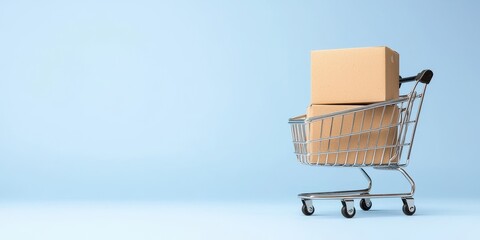 Shopping cart with boxes on a blue background, ideal for retail themes.