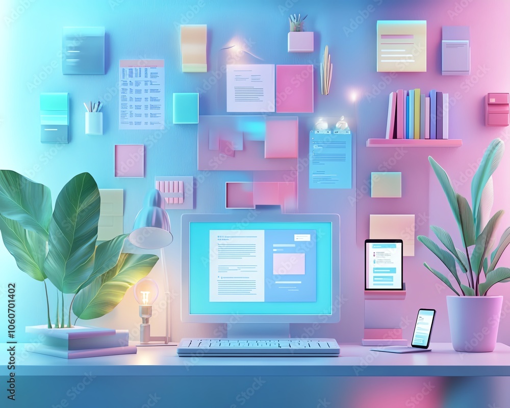 Aufkleber Eyecatching 3D visualization of a digital document management system highlighting mobile and laptop interactions in an artistic and visually appealing background