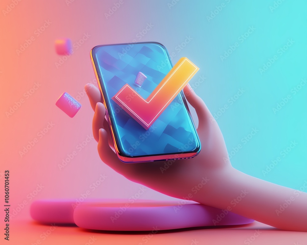 Poster eyecatching 3d visualization of a hand holding a smartphone with a bold checkmark icon, symbolizing 