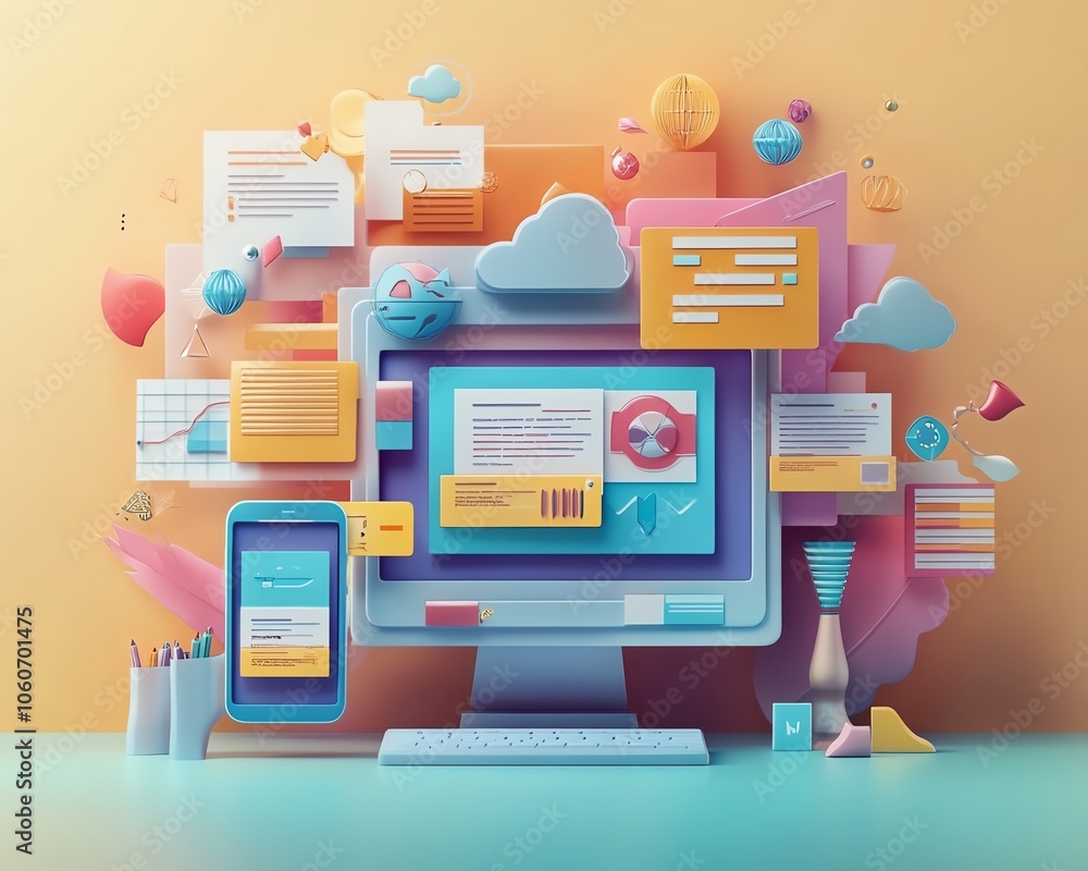 Aufkleber Eyecatching 3D visualization of a digital document management system highlighting mobile and laptop interactions in an artistic and visually appealing background