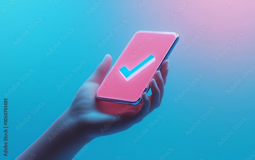 Poster innovative 3d visualization of a hand with a smartphone showcasing a striking checkmark icon, emphas