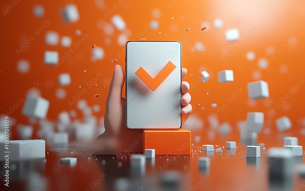 Poster innovative 3d visualization of a hand with a smartphone showcasing a striking checkmark icon, emphas