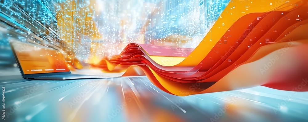 Fototapete Innovative 3D visualization of a digital document management system with mobile and laptop connections, set in a colorful and imaginative background design
