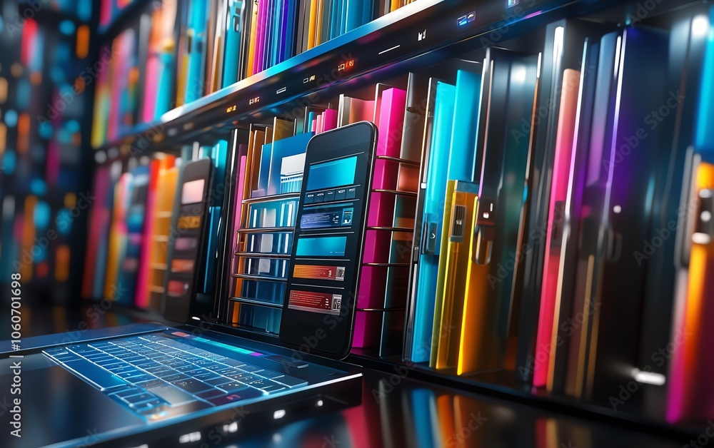 Poster Professional 3D rendering of a digital document management system concept highlighting interactions between mobile and laptop devices in a stylish, artistic background