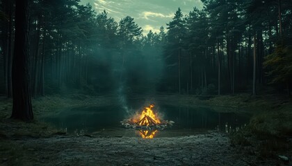 Campfire glowing in the forest by the tranquil lake at dusk