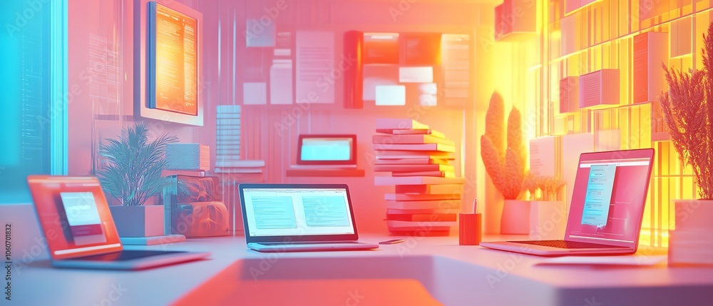 Poster Stunning 3D rendering of a digital document management system concept featuring seamless interaction between mobile devices and laptops in a vibrant, creative background
