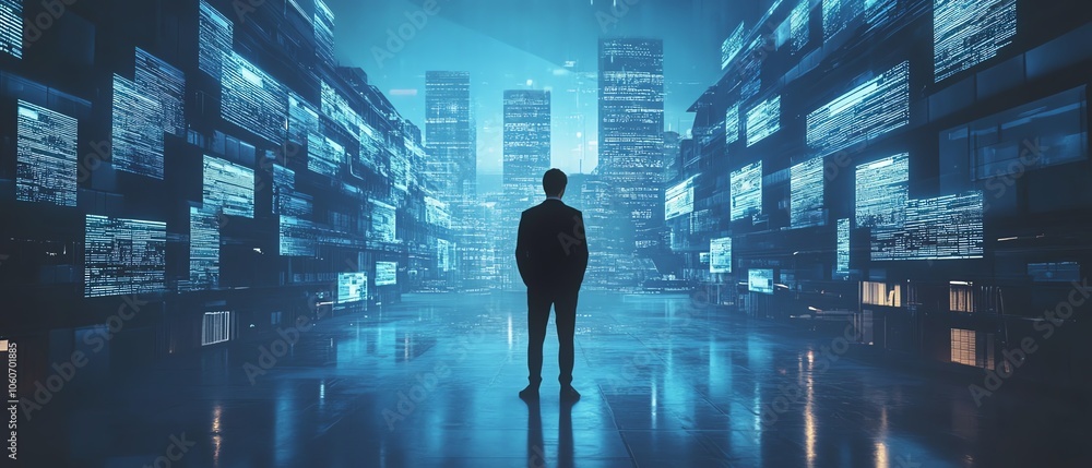 Poster Stunning 3D rendering of a businessman managing digital documents in a virtual environment, showcasing advanced technology and data organization in a sleek setting