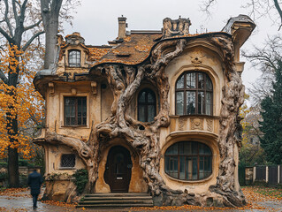 whimsical, tree-like house made of stacked stone and wood, with intricate carvings and windows
