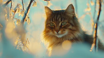 Obraz premium Dark-Coated Cat in Snowy Branches on Winter Morning