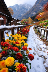Fototapeta premium Snow-Covered Mountain Courtyard with Outdoor Flowers and Teacups