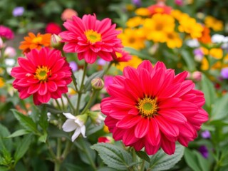 Close-up of vibrant, blooming flowers in a lush garden setting, close-up, greenery