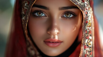 Close-up portrait of a Muslim woman, highlighting her traditional attire