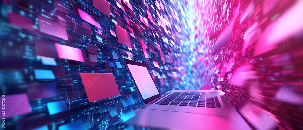 Poster Stunning 3D rendering of a digital document management system concept featuring seamless interaction between mobile devices and laptops in a vibrant, creative background