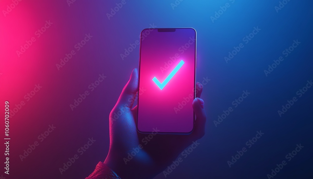 Poster stunning 3d rendering of a hand holding a smartphone displaying a prominent checkmark symbol, repres
