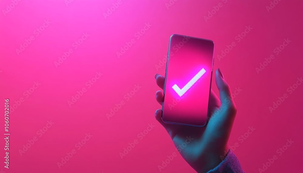 Poster stunning 3d rendering of a hand holding a smartphone displaying a prominent checkmark symbol, repres