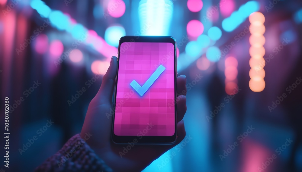 Poster stunning 3d rendering of a hand holding a smartphone displaying a prominent checkmark symbol, repres