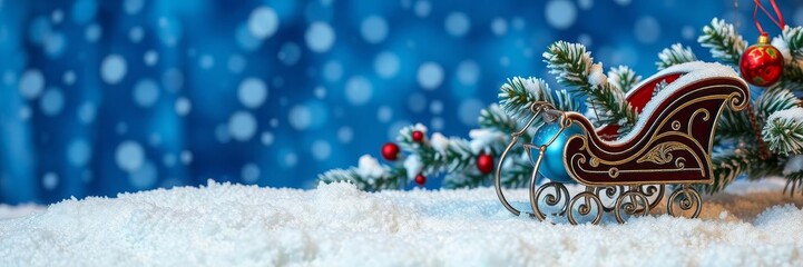 Christmas sleigh with a blue and silver theme, sitting quietly under a starry night sky, perfect for a Xmas card design, elegant, silver