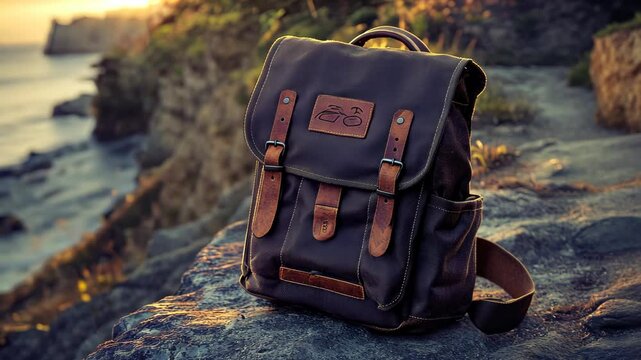 A black canvas backpack with brown leather straps sits on a rock near the ocean at sunset