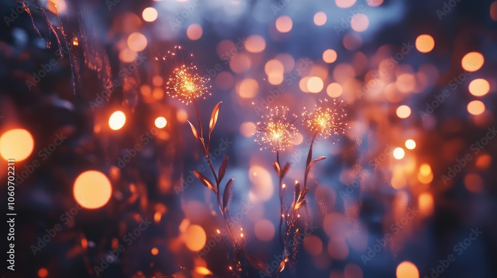 Poster sparkling flowers with a blurred background of warm lights, creating a magical and ethereal scene.