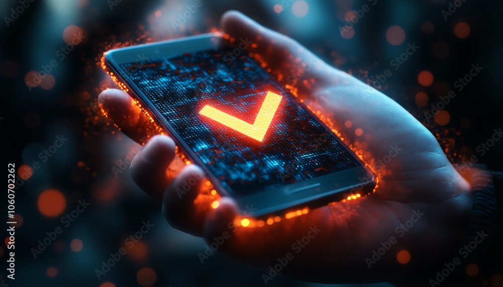 Poster vivid 3d image of a hand gripping a smartphone displaying a prominent checkmark symbol, representing
